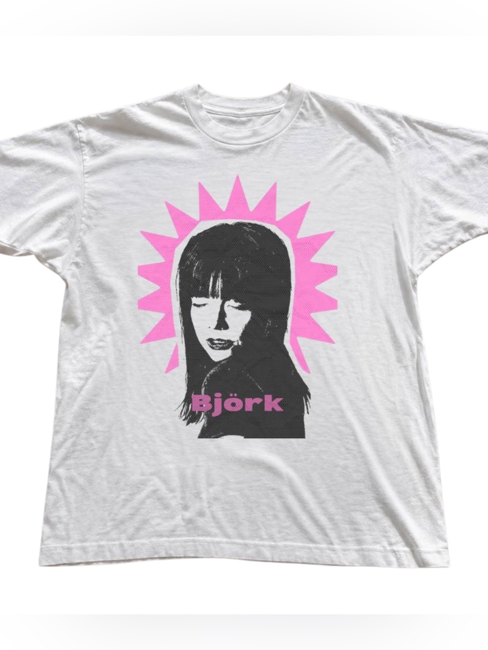 Gildan White Tee with Pink Starburst Björk Graphic